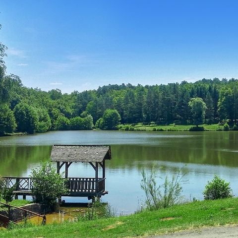 L'étang du Camping du Coucou à Hautefort, entouré de forêt