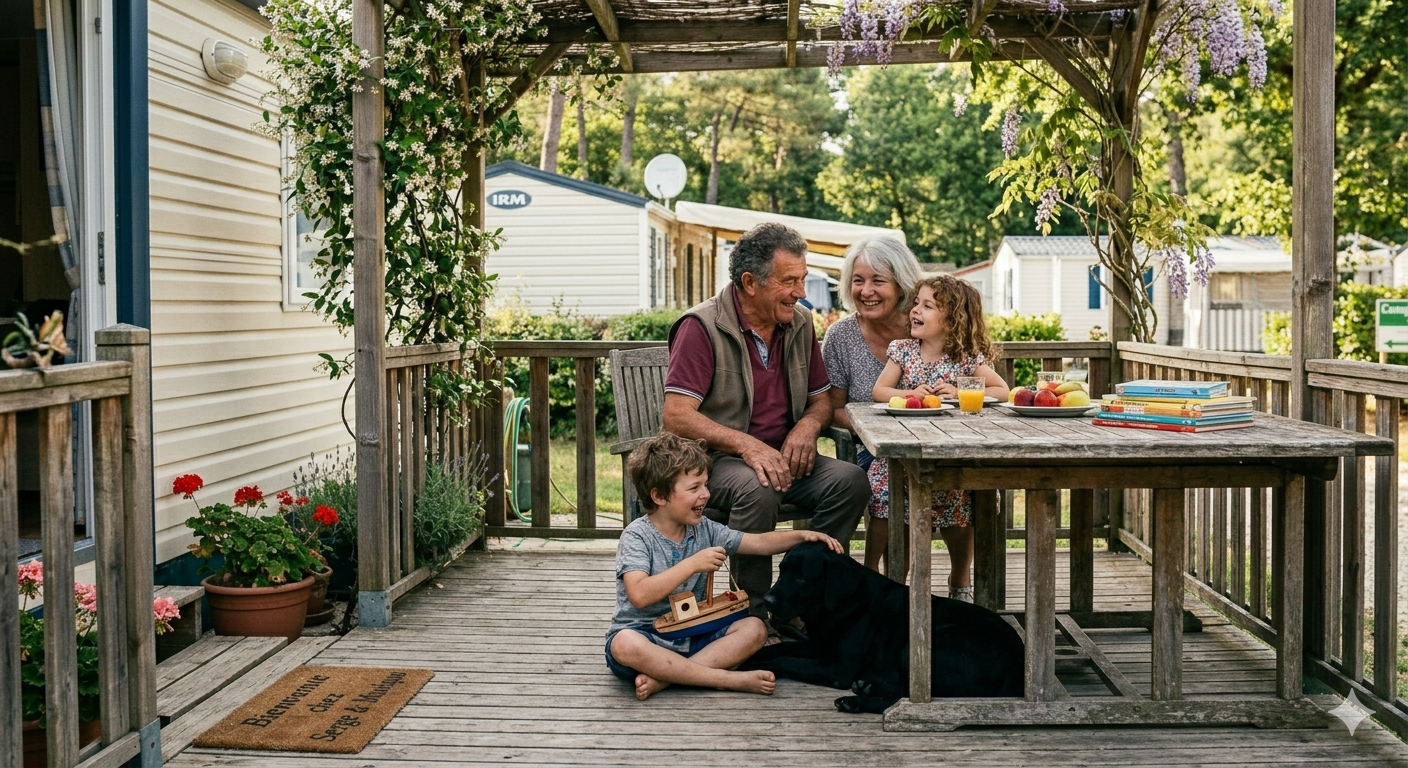 Famille avec grand-père et enfants sur la terrasse d'un mobil-home